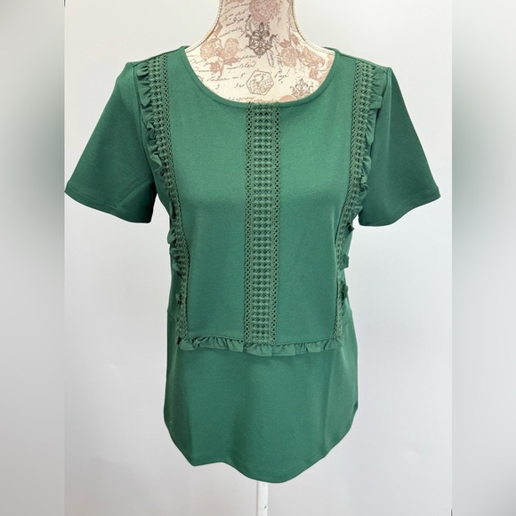 ANN TAYLOR Hunter green ruffle front short sleeve top size S - Picture 8 of 12